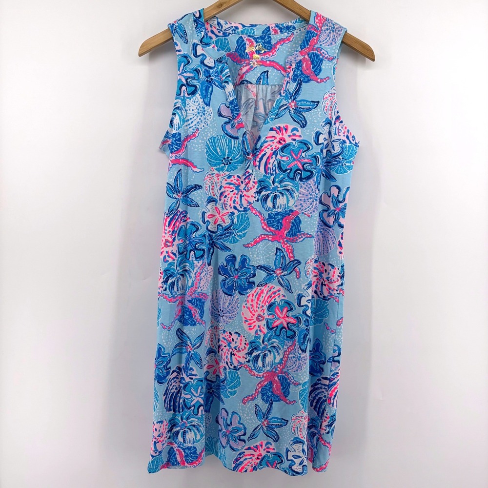 Lilly Pulitzer Women XS Blue Pink Starfish‎ Shell Pima Cotton Sleeveless Dress